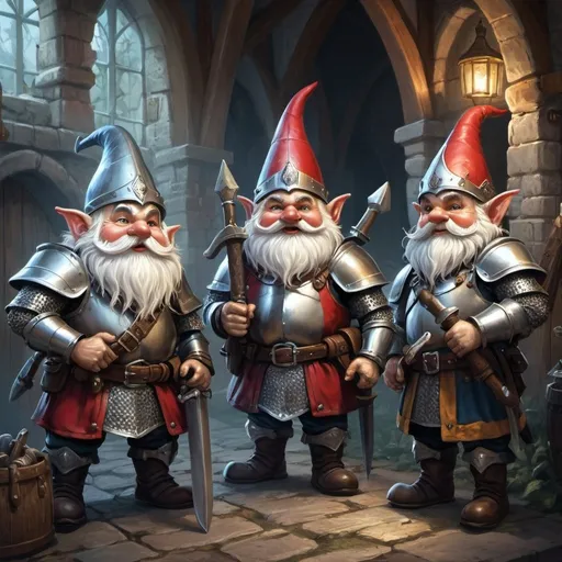 Prompt: Gnomes arresting knights for their crimes, fantasy illustration, medieval setting, detailed armor and weapons, whimsical ambiance, high quality, fantasy, medieval, detailed, whimsical, arresting gnomes, knights, detailed armor, fantasy setting, professional, atmospheric lighting