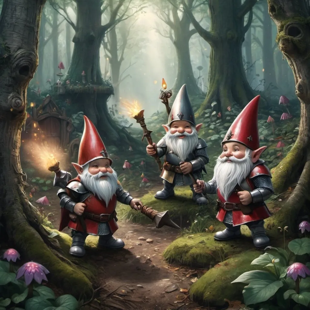 Prompt: Knights capturing some gnomes in an enchanted forest