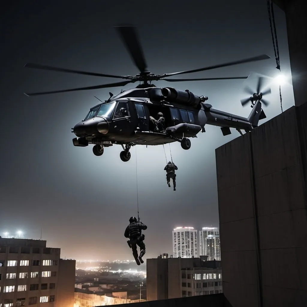 Prompt: Special forces repelling from a black stealth helicopter, make it night and they are trying to infiltrate a highly secured building