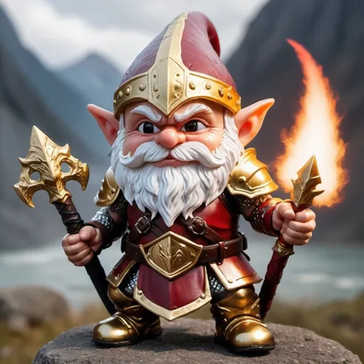 Prompt: A special warrior gnome with golden armor looking like a myth/legend with a dark red mist of fury coming off his armor make him look angry, mean, and ready to fight hundreds of knights!