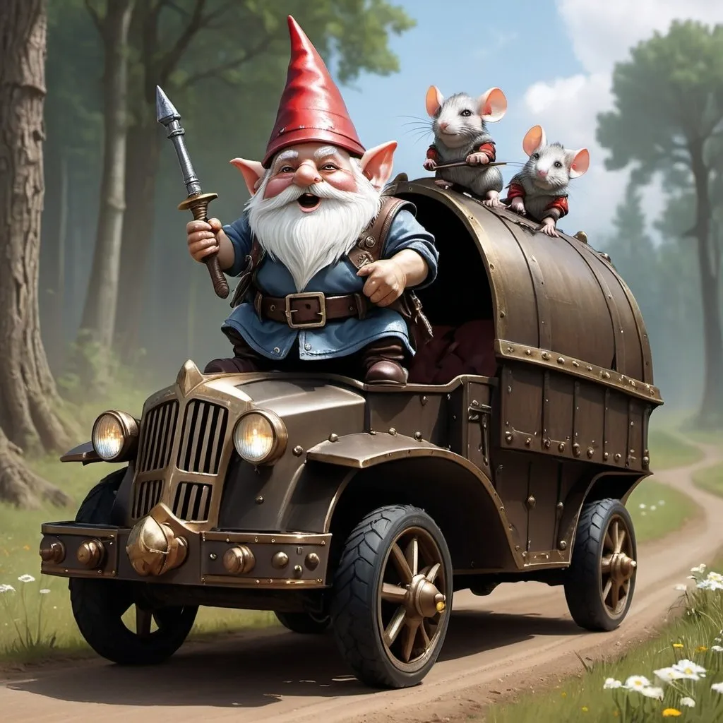 Prompt: Gnome driving a old luxury armored wagon with mice as the steeds pulling the luxury armored wagon