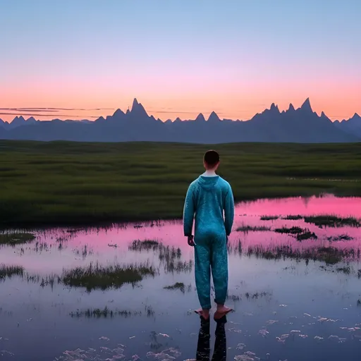 Prompt: A scared young man in his pajamas is standing center frame in a vast blue and green tundra with mountains in the far distance under a pink dawn. an alien white cylinder tower behind the mountains 
