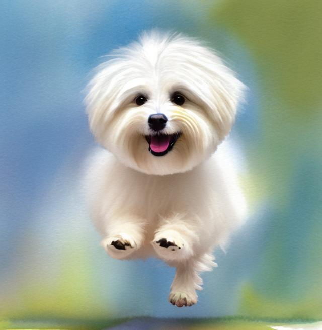 Prompt: A soft focus water color using soft  neutral colors of a happy Coton de tulear standing jumping 
