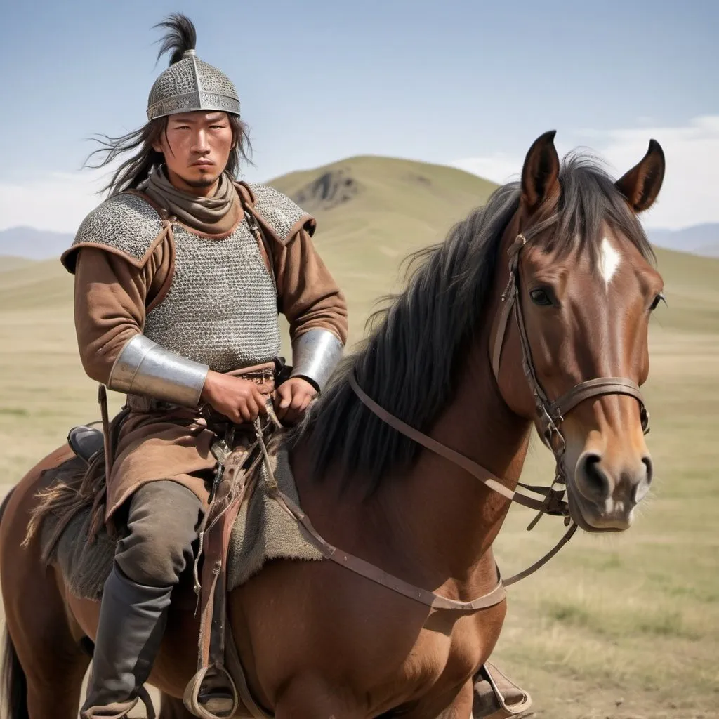 Prompt: 21 year old fierce battle hardened, dirty, scarred nomad from the mongolian steppe wearing chain mail and helmet, curved bow in hand sat astride a magnificent brown cavalry horse
