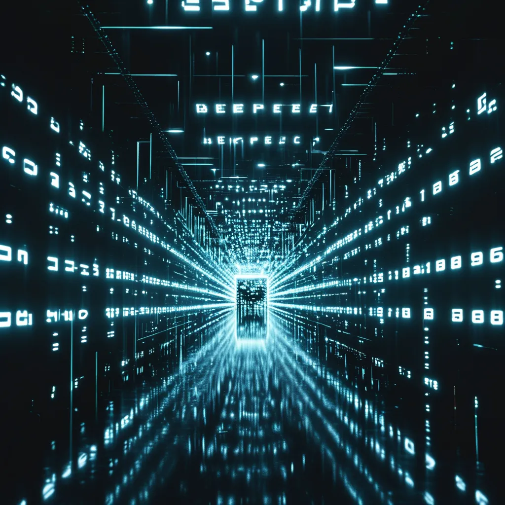 Prompt: a large number of numbers are shown in a dark room with a light at the end of the tunnel, Beeple, computer art, cybernetics, computer graphics