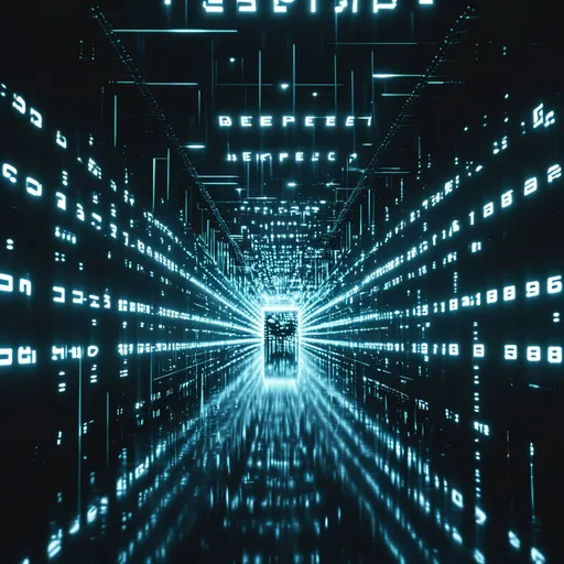 Prompt: a large number of numbers are shown in a dark room with a light at the end of the tunnel, Beeple, computer art, cybernetics, computer graphics