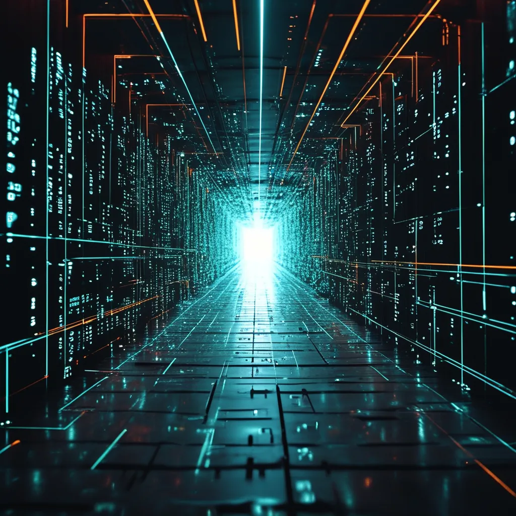 Prompt: a large number of numbers are shown in a dark room with a light at the end of the tunnel, Beeple, computer art, cybernetics, computer graphics