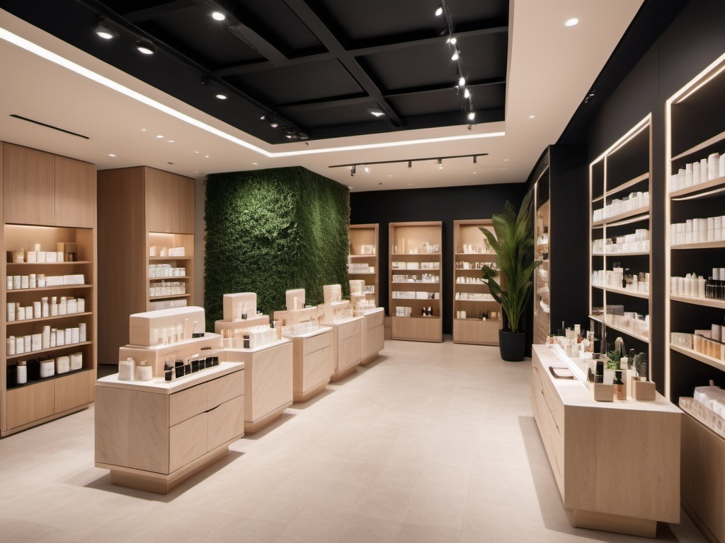 Prompt: (luxury skincare product shop), modern, elegant design, sophisticated layout, soft lighting, warm color tones, minimalist aesthetic, high-end displays, inviting ambiance, clean lines, plush textures, attention to detail, handmade elements, adorned with lush greenery, an upscale atmosphere, ultra-detailed, immersive shopping experience, fresh, inviting scent.