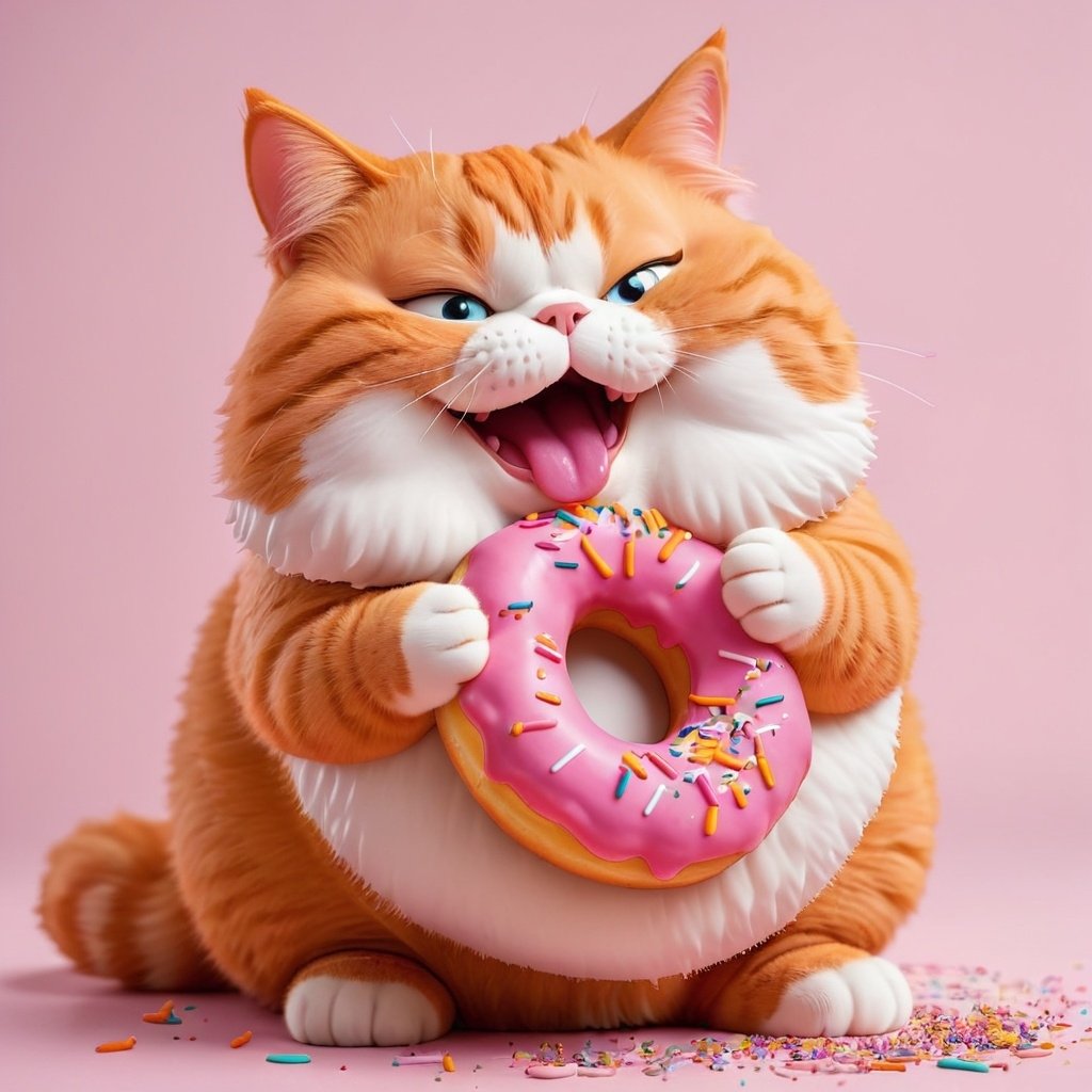 chubby orange cat eating a pink donut with sprinkles