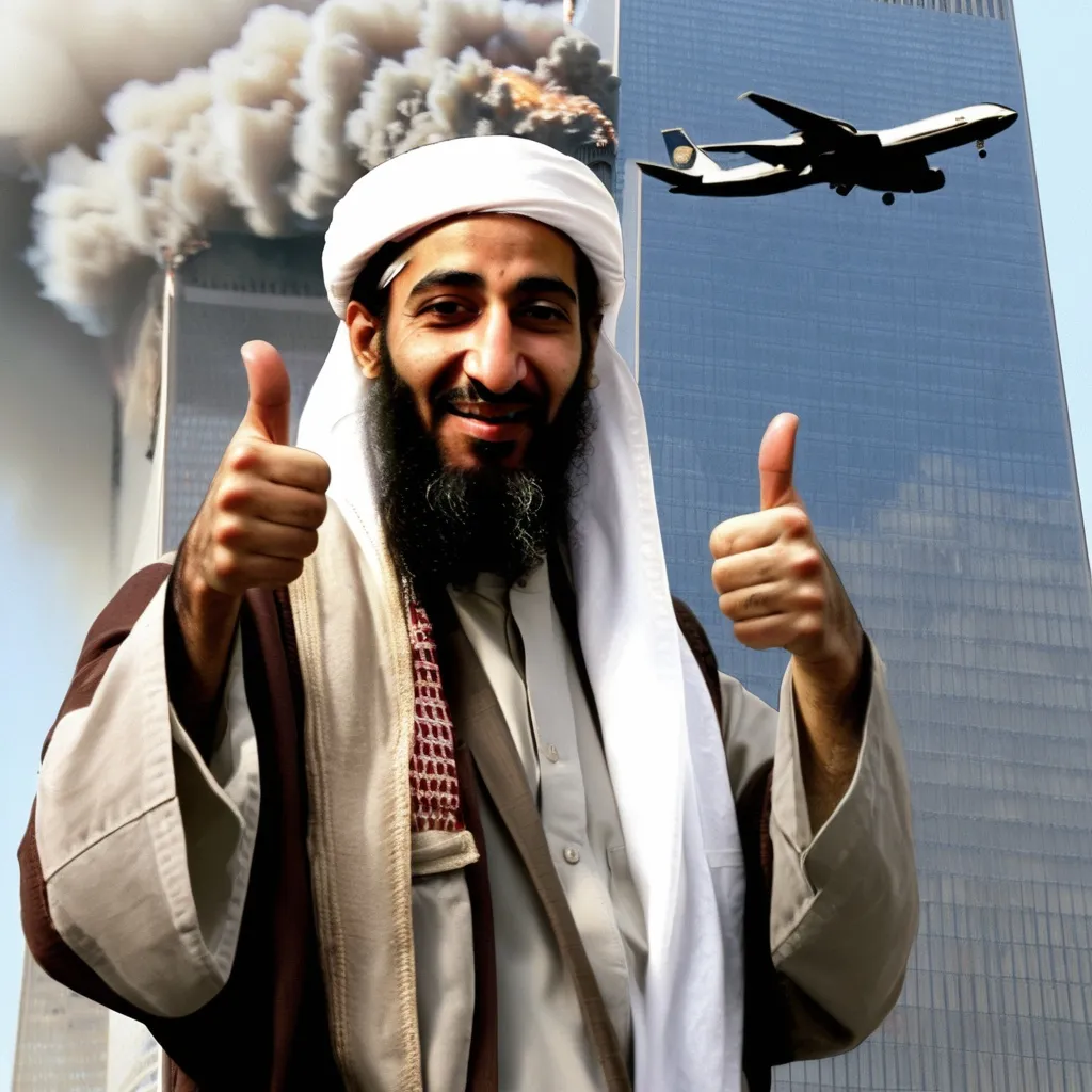 Prompt: bin laden standing infront of the world trade center doing a thumbs up with two planes going
 into them and people falling out of the building