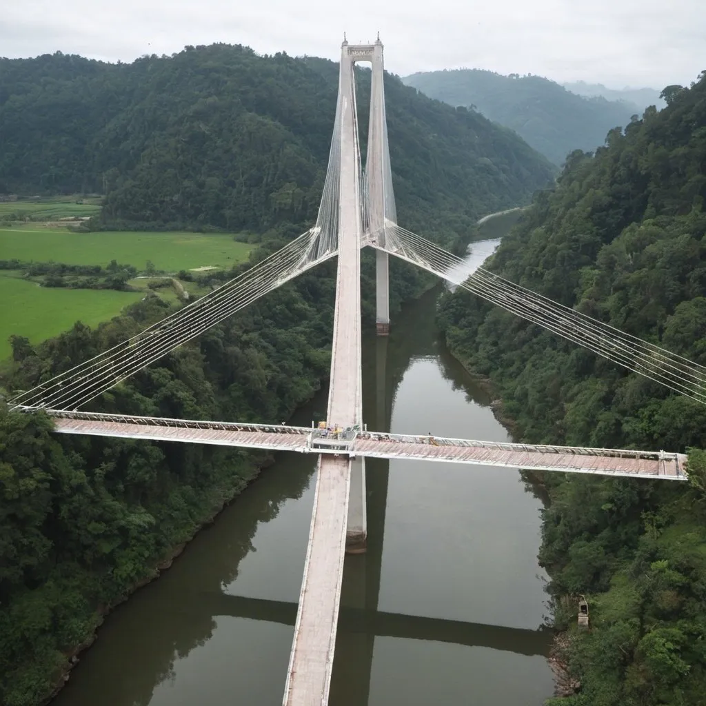 Prompt: a cable-bridge over a river