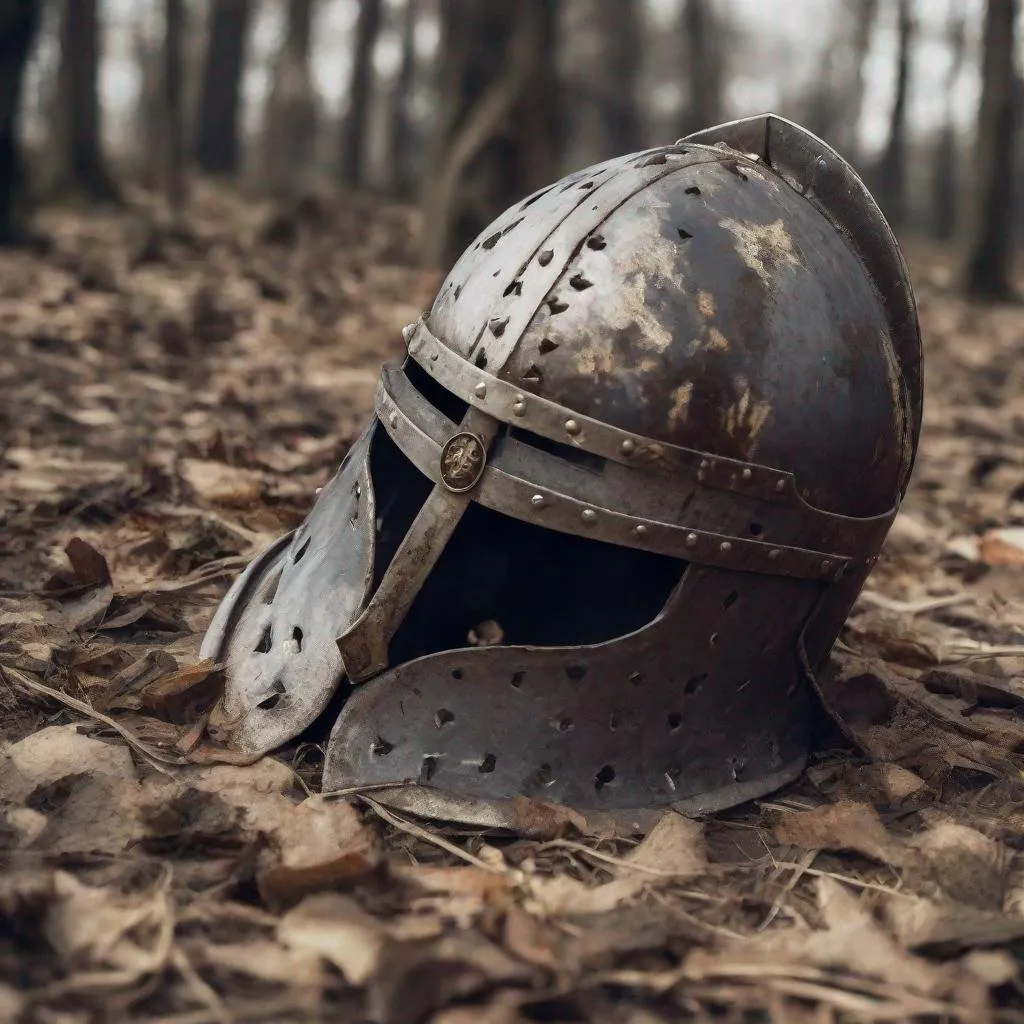 Prompt: knights helmet discarded in battle