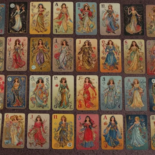 Prompt: Set of cards women in center, different symbols for card rows