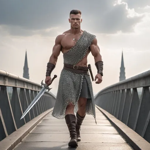 Prompt: muscular man  flat-top haircut chain mail holding sword walking on heavenly bridge