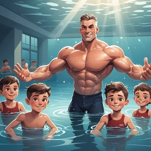 Prompt: Cartoon illustration of a swimming lesson, instructor is fit, young male, gray eyes, flat-top haircut, dramatic lighting, rough brush strokes, cartoon,  dramatic lighting, several happy children, rugged style, detailed muscles, cartoon illustration