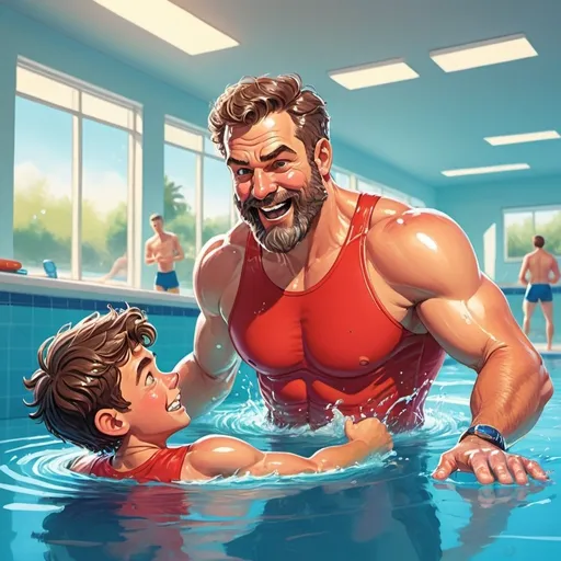 Prompt: Cartoon-style illustration of a hairy, muscular hirsute white male swim instructor in red swim trunks, teaching a 15-year-old boy how to swim in a pool, bright and vibrant colors, detailed water reflections, energetic atmosphere, fun and dynamic composition, professional cartoon art style, detailed facial features,  high quality, cartoon, vibrant colors, energetic, dynamic, detailed water, swimming lesson, professional art style, joyful expressions