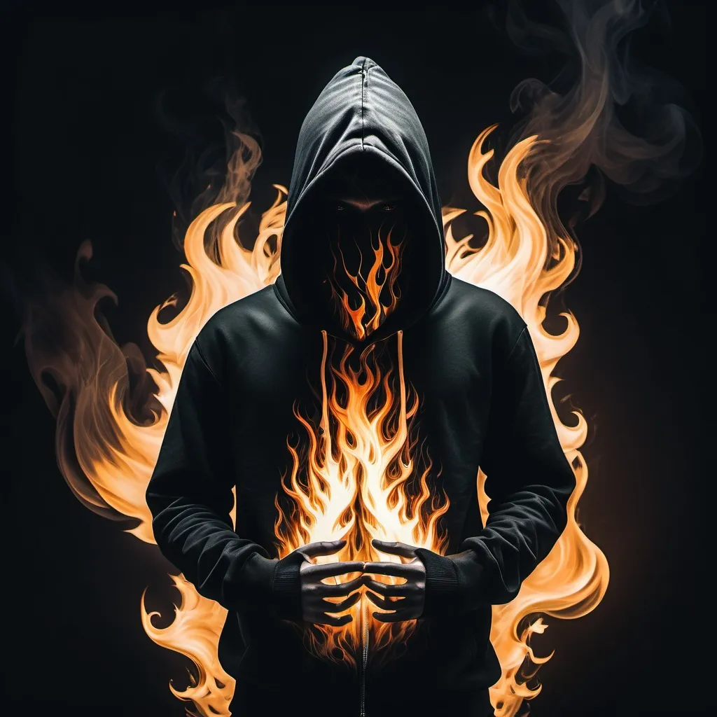 Prompt: Full body image of a man, wearing a black hoodie covering his head and face, surrounded by mesmerizing white flames, aesthetic vibe, tech wear fashion, captivating contrast between dark and bright elements, mysterious and striking atmosphere,, detailed flame texture, ultra-detailed, dramatic lighting, high contrast, deep shadows, foggy background enhancing the ethereal nature of the flames.