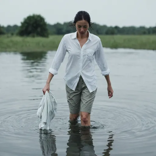 Prompt: A woman walking through water with clothes on, white shirt
