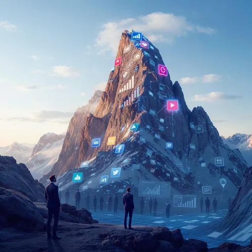 Prompt: Visualize a towering mountain, its peak built with digital elements that represent the world of marketing. The rugged sides are textured with vibrant data graphs and social media element. Here and there, bright app icons and user interface elements are etched into the rocky face, giving the illusion that the mountain itself is alive with activity. In the foreground, many sleek, modern business figure stands in a thoughtful pose, gazing upward with a determined expression, their shadow stretching over a digital blueprint scattered with marketing papers. The sky above is a gradient of cool light blues, with a few scattered clouds glowing softly in the light of a setting sun. This scene is rendered in a sleek, digital art style with a focus on cinematic lighting, enhancing the awe of this metaphorical mountain of marketing.