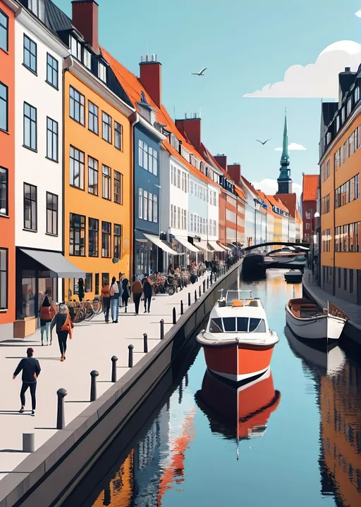 Prompt: Copenhagen streets with tourists, boat in river, asymmetric view, flat design poster, minimalist, modern, epic composition, flat vector art illustration, stunning realism, long shot, unreal engine 4d, Intricate details