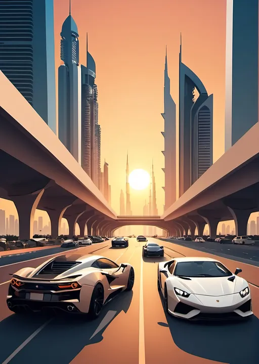 Prompt: Dubai streets with pedestrian and sports cars, flyovers and wide roads ,sunset, flat design poster, minimalist, modern, epic composition, flat vector art illustration, stunning realism, long shot, unreal engine 4d