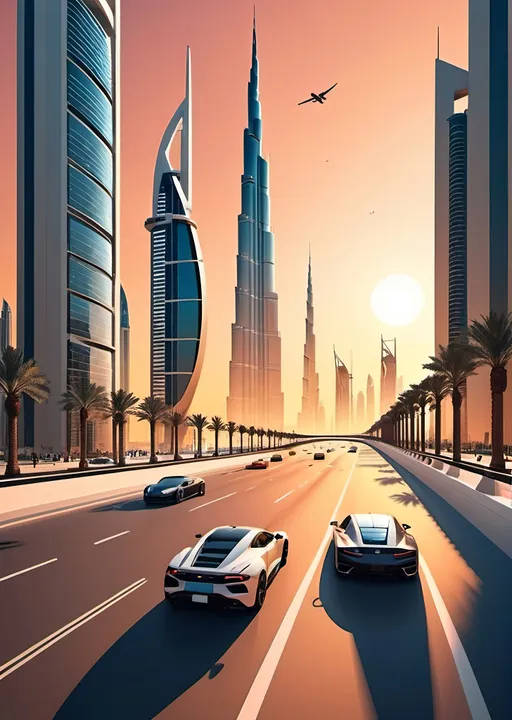 Prompt: Dubai streets with pedestrians and sports cars, flyovers and wide roads, asymmetric view, sunset, flat design poster, minimalist, modern, epic composition, flat vector art illustration, stunning realism, long shot, unreal engine 4d