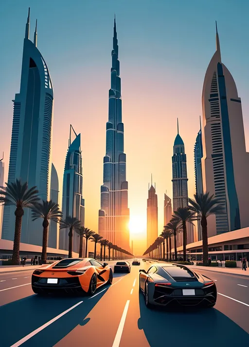 Prompt: Dubai streets with pedestrians and sports cars, flyovers and wide roads, asymmetric view, sunset, flat design poster, minimalist, modern, epic composition, flat vector art illustration, stunning realism, long shot, unreal engine 4d. Use variety of different skyscrapers and burj khalifa