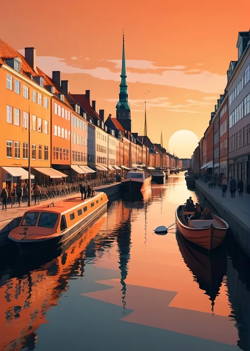 Prompt: Copenhagen streets with tourists, boat in river, asymmetric view, sunset, flat design poster, minimalist, modern, epic composition, flat vector art illustration, stunning realism, long shot, unreal engine 4d, intricate details, wide river, orange sky