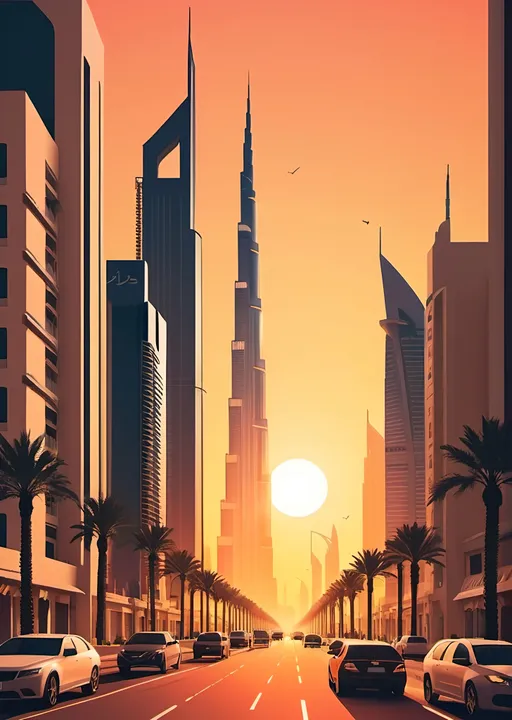 Prompt: Dubai streets, sunset, flat design poster, minimalist, modern, epic composition, flat vector art illustration, stunning realism, long shot, unreal engine 4d