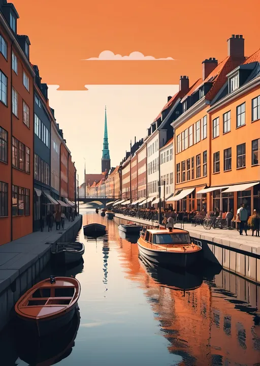 Prompt: Copenhagen streets with tourists, boats in river, asymmetric view, flat design poster, minimalist, modern, epic composition, flat vector art illustration, stunning realism, long shot, unreal engine 4d, intricate details, wide river, orange sky