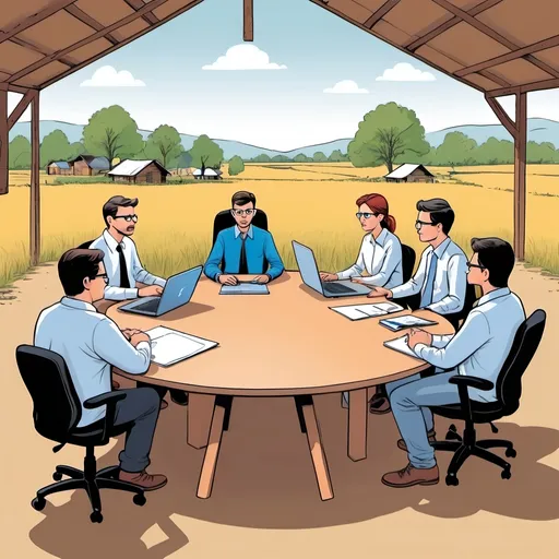 Prompt: A cartoon image of IT professionals sitting in meeting in rural setup