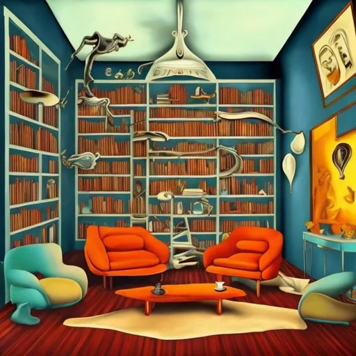 Prompt: modern home 
library room painting in the style of dali
