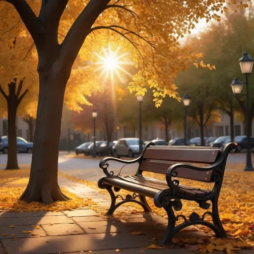 Prompt: An autumn tree with the sun setting behind it with sun rays glinting through the leaves and a dark wood and wrought iron park bench next to it