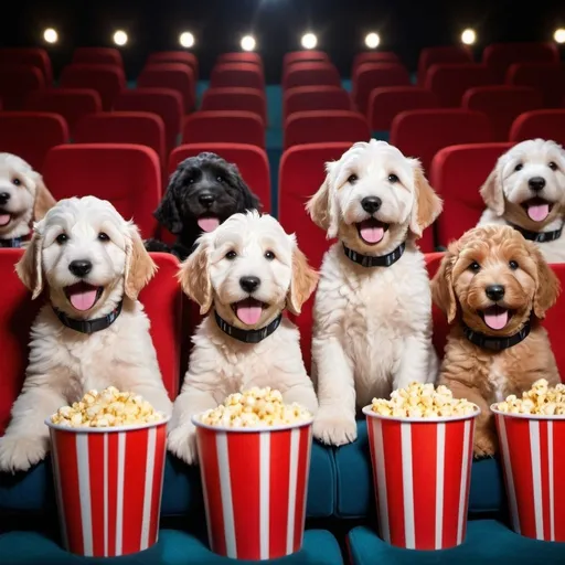 Prompt: Illustrate a charming scene of a group of adorable goldendoodle puppies gathered at a movie theatre on a starry night. The puppies are sitting on colorful cushions, popcorn buckets scattered around them, with a big screen showing a classic dog-themed movie. Some puppies are wearing cute little 3D glasses, while others have their paws on their mouths in awe of the film. The atmosphere is cozy and inviting, with twinkling lights and a sense of shared joy and excitement among the furry audience.