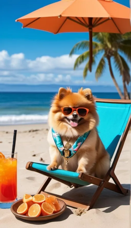 Prompt: Our Pomeranian is living the ultimate beach life Aperol sign,  smoking shisha in front of the pomeranian
Outfit and Accessories: Dj headset
Sunglasses: Stylish and reflecting a cool vibe. 
golden Rolex Watch: On his wrist, .Cocktail: In one hand, a colorful drink 
Golden chains around his neck.
Hawaiian Shirt: Colorful and open, contributing to the summer vibe.
Setting:
Beach Chair: The ape is comfortably sitting on a beach chair. Smoking Shisha
Ocean: The background features a calm, clear blue ocean.
Palm Trees: Adding to the tropical environment.
Sky: Clear blue with no clouds, enhancing the summer feel.
Surfboard: Leaning nearby.
Vibrant Summer Vibe: Bright colors and a lively atmosphere.
Surround with elements like palm trees and beach accessories to frame the scene.
Use vibrant colors for the sky and ocean to enhance the summery feel.