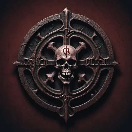 Prompt: Design a dark, gothic band logo for 'Orphic Deception'. The background is a deep textured dark red with ominous, jagged rock. The band name is in an eroded blackletter font. A pale, skeletal key, slightly twisted and shrouded in shadow, is the central feature. The overall mood is mysterious, unsettling and subtly melancholic, evoking a fantasy hellscape