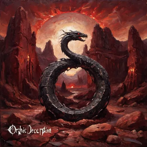 Prompt: A dark, mysterious band logo for 'Orphic Deception' displayed against a background of dark red, infernal rock formations. The band name is written in a sharp, angular font, and includes a central stylized image of a serpent coiled around a broken halo. The overall mood should be melancholic and gothic