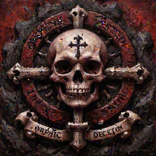 Prompt: Design a dark, gothic band logo for 'Orphic Deception'. The background is a deep textured dark red with ominous, jagged rock. The band name is in an eroded blackletter font. A pale, skeletal key, slightly twisted and shrouded in shadow, is the central feature. The overall mood is mysterious, unsettling and subtly melancholic, evoking a fantasy hellscape