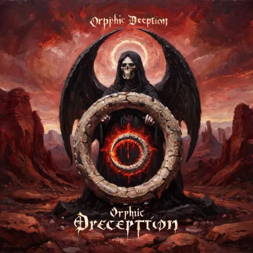 Prompt: A dark, mysterious band logo for 'Orphic Deception' displayed against a background of dark red, infernal rock formations. The band name is written in a sharp, angular font, and includes a central stylized image of a serpent coiled around a broken halo. The overall mood should be melancholic and gothic