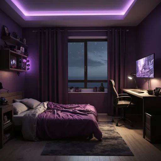 Prompt: Una imagen de un render realista de una habitación de un hombre sollitario, con pc gamer, cama, algo de desorden por la habitación, ventanas con percianas cerradas, iluminadas con leds moradas, debe ser como un modelo a escala, sobre un fondo oscuro