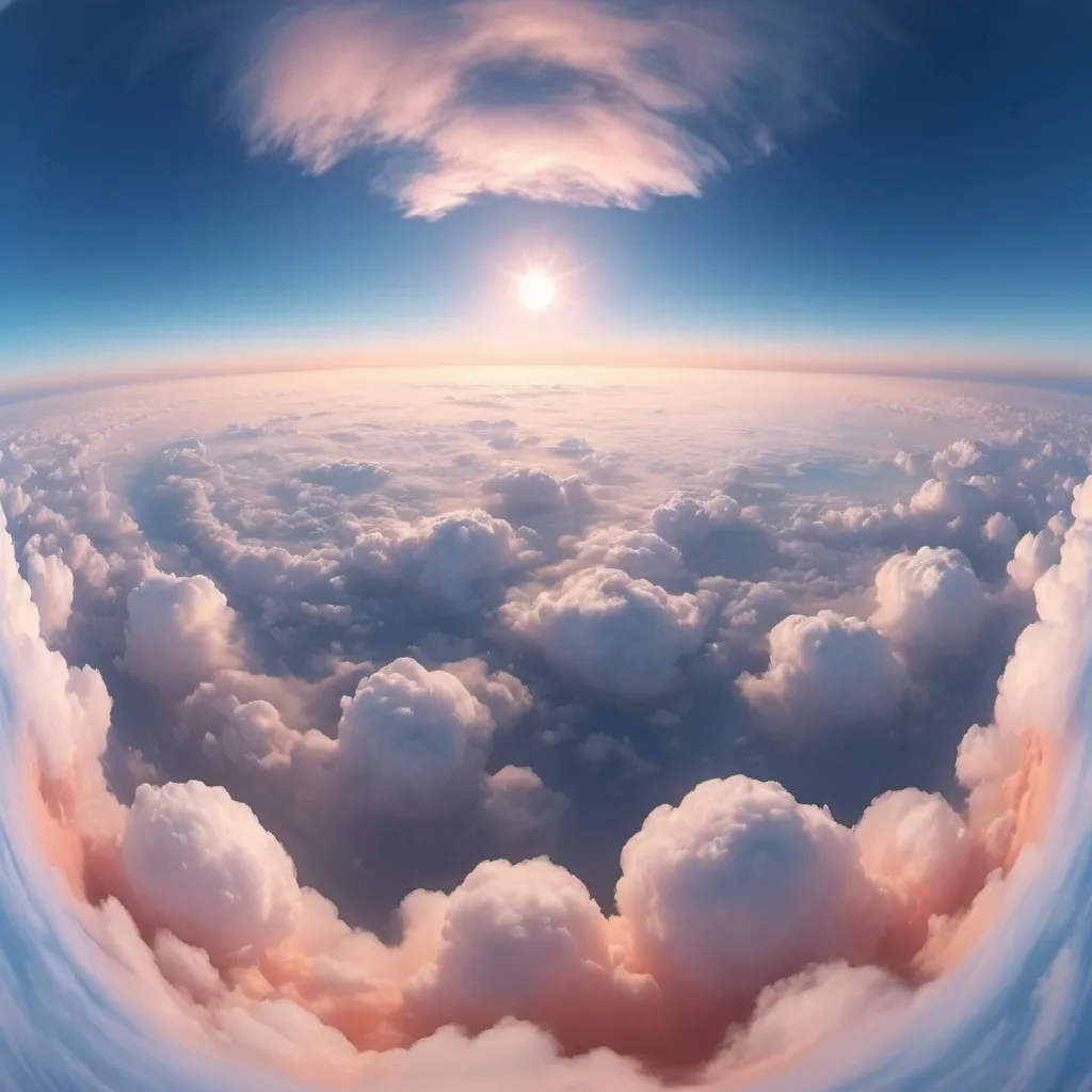 Prompt: a skybox above big puffy endless clouds, peach and blue atmosphere, 360 degree view