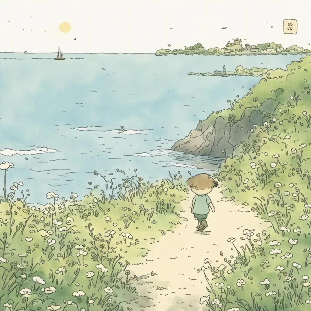 Prompt: <mymodel>A boy walks towards the ocean. He looks lonely. 
