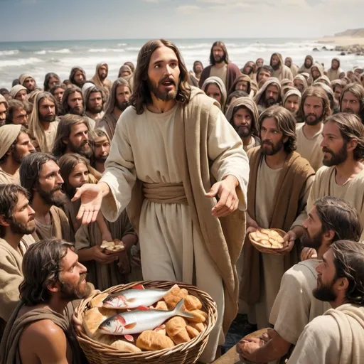 Prompt: jesus feeding 5000 people fish and bread
