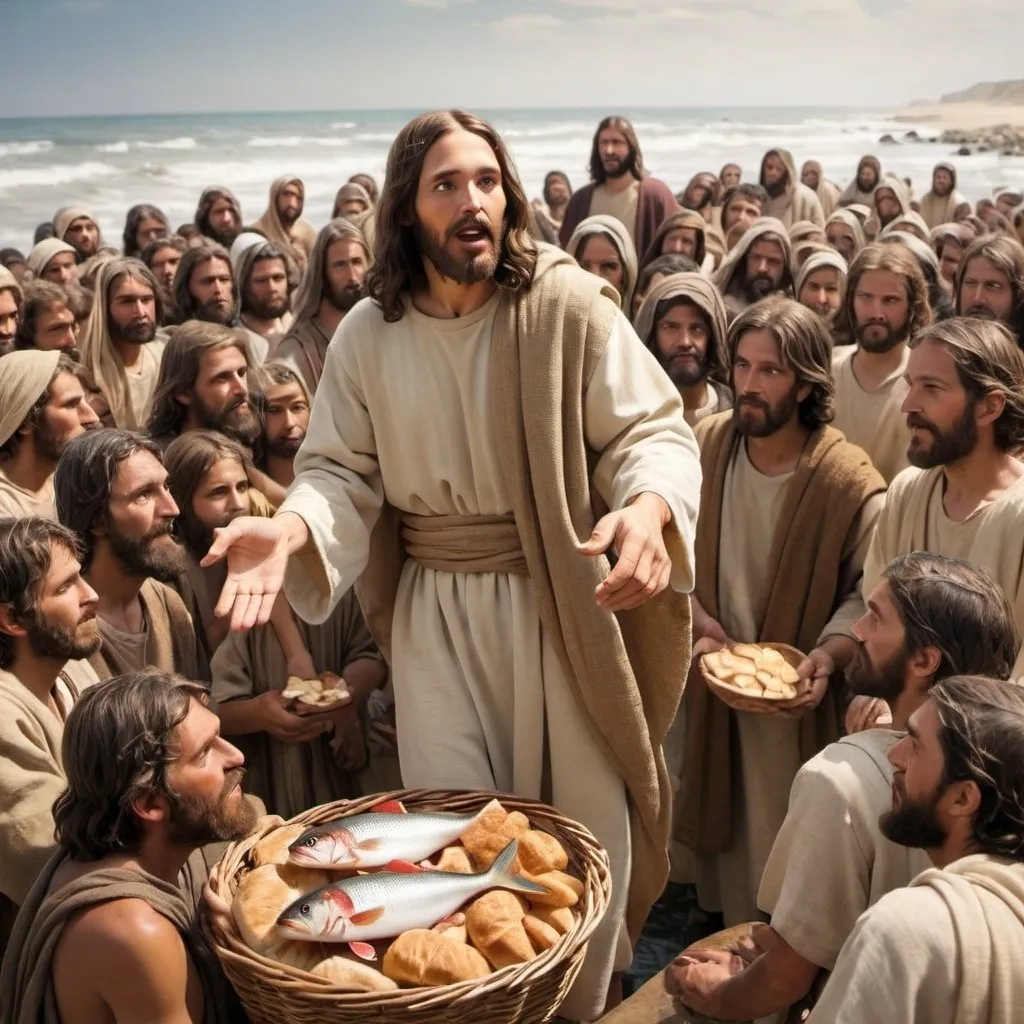 Prompt: jesus feeding 5000 people fish and bread
