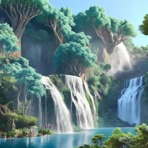 Prompt: Trees surrounded by waterfalls and hills, birds in the air, sitting a girl and boy on one side 