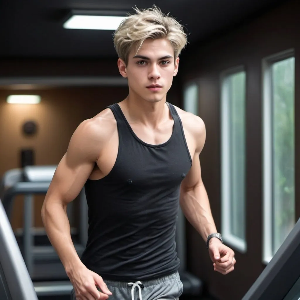 Prompt: a 25 yrs old twink handsome guy running on a treadmill, pierced right chest, left earring. Visible sweat on his forehead, chest, arms. The light is weak, dimmed bulbs (dark platinum short hair, colored inner hair). Masterpiece, realistic, hdr, wallpaper.