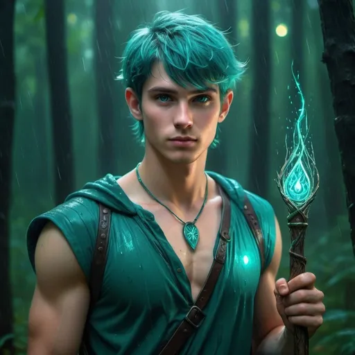 Prompt: a handsome 24 yrs old fitness elves druid eyes glowing in teal, holds a magic staff, slavic runes carved on left chest.  Walk under the rain on a trail in a mysterious fireflies forest . light is dimmed (dark platinum short hair, colored inner hair) leaves and flowers on hair. Masterpiece, realistic, hdr, wallpaper