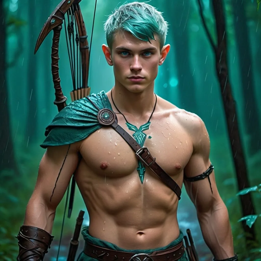 Prompt: a handsome 24 yrs old fitness elves warrior, glowing eyes, holds a bow on his hand and carry quiver on shoulder, slavic runes carved on his chest.  Walk under the rain on a trail in a mysterious fireflies forest . light is dimmed (teal platinum short hair, ember inner hair) leaves and flowers on hair. Masterpiece, realistic, hdr, wallpaper