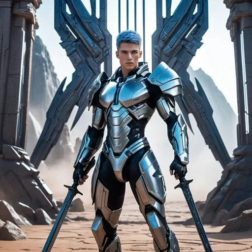 Prompt: In front of a giant gate of a Alien temple in futuristic setting, a 25 yrs old cyborg warriors standing guard, holding the magical spears on his hand vertically, he has broad shoulders, defined calves, sharp jawline, defined cheekbones, depth and detail in his hazel eyes, visible power core on his chest with strange ruins, visible machinery hand and legs. There is the space in the background (silver platinum short hair, colored blue inner hair). (masterpiece, best quality:1.3), 8k, HDR, wallpaper, cinematic lighting.