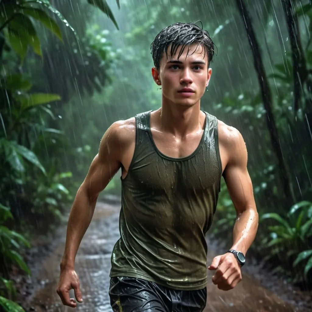 Prompt: a handsome 24 yrs old student running under the rain on a trail in a jungle, right chest ring, left earring. Visible sweat on his forehead, chest, arms. The light is weak, dimmed bulbs (dark platinum short hair, colored inner hair). Masterpiece, realistic, hdr, wallpaper.